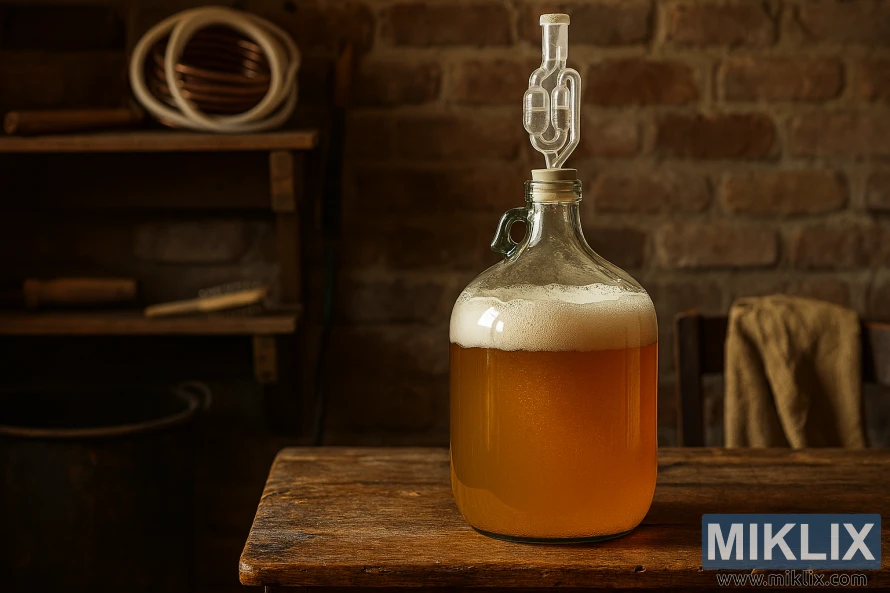 Glass carboy fermenting light lager on rustic wooden table in homebrewing setup