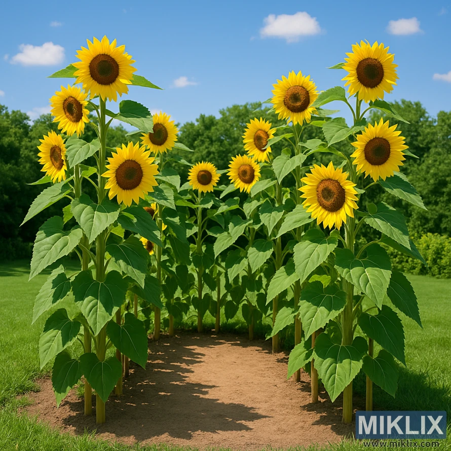 Außenansicht eines Sonnenblumenhauses, das aus hohen Sonnenblumensorten besteht, die in einem quadratischen Muster gepflanzt sind und natürliche Wände mit leuchtend gelben Blüten bilden. Außenansicht eines Sonnenblumenhauses, das aus hohen Sonnenblumensorten besteht, die in einem quadratischen Muster gepflanzt sind und natürliche Wände mit leuchtend gelben Blüten bilden.