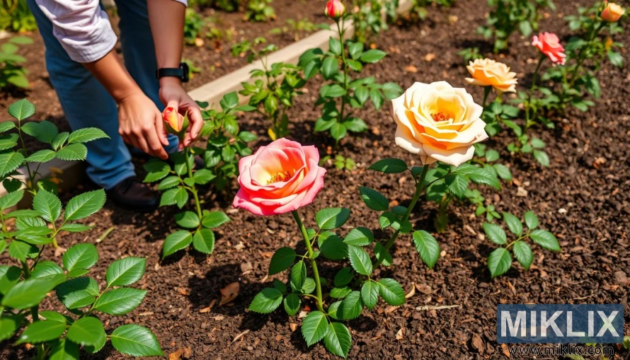 Person tending a rose garden with peach, coral, and yellow blooms.