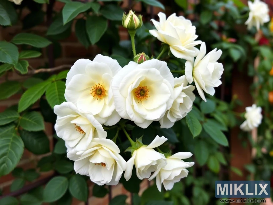 Cluster of delicate white roses with golden stamens amid lush green leaves.