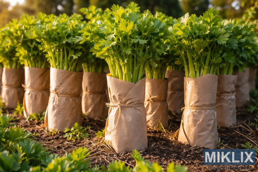 Bimë selino që rriten në rreshta kopshtesh me kërcejtë e tyre të mbështjellë me letër kafe për t'u zbardhur nën rrezet e ngrohta të diellit.