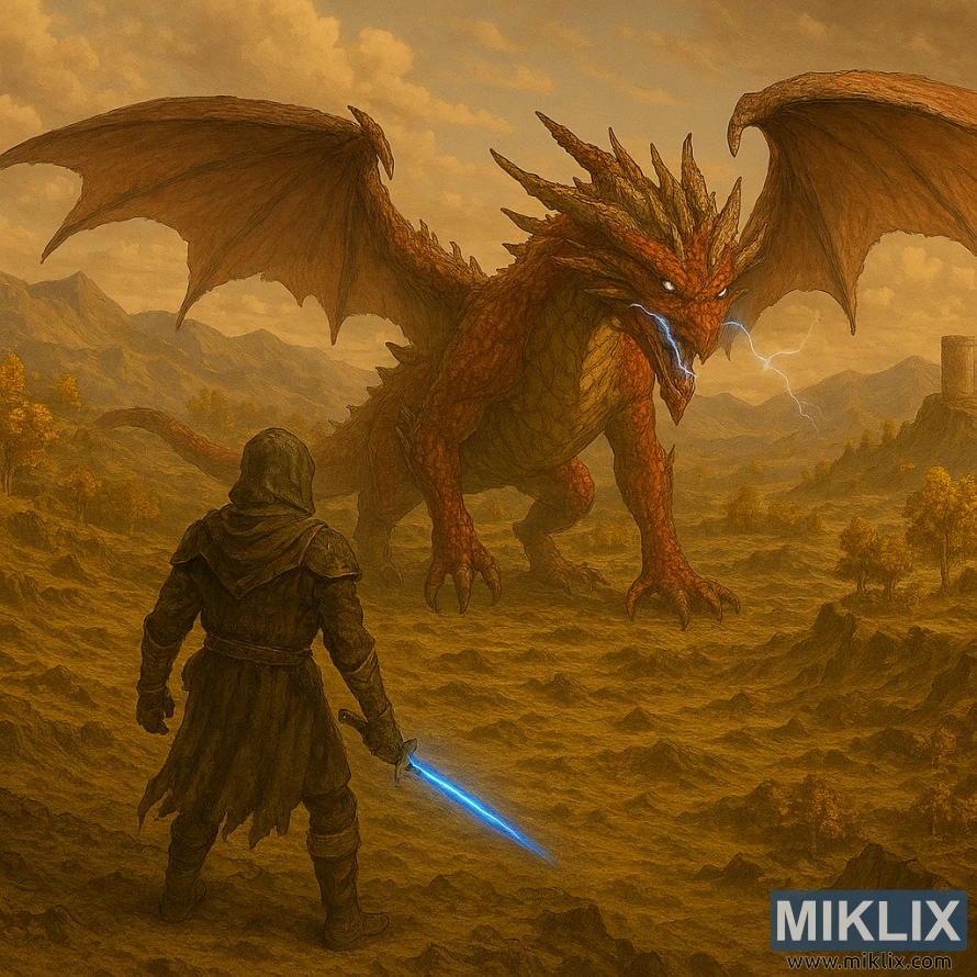 Semi-realistic Elden Ring fan art of the Tarnished facing Ancient Dragon Lansseax from a high isometric view