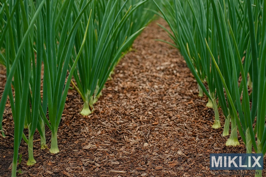Foto close-up tanaman bawang yang sehat tumbuh dalam barisan rapi di kebun dengan mulsa di antaranya.