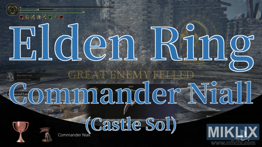 Elden Ring screenshot showing “Great Enemy Felled” after defeating Commander Niall in Castle Sol.