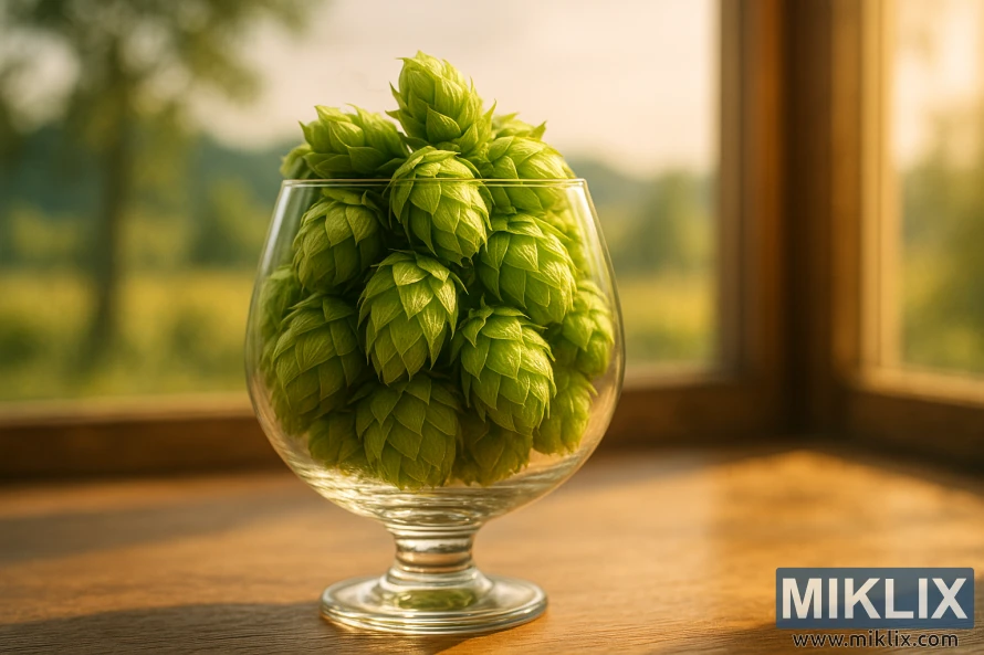 Elegant glass snifter filled with bright green hop cones, illuminated by warm sunlight from a window overlooking a softly blurred pastoral landscape. Elegant glass snifter filled with bright green hop cones, illuminated by warm sunlight from a window overlooking a softly blurred pastoral landscape.