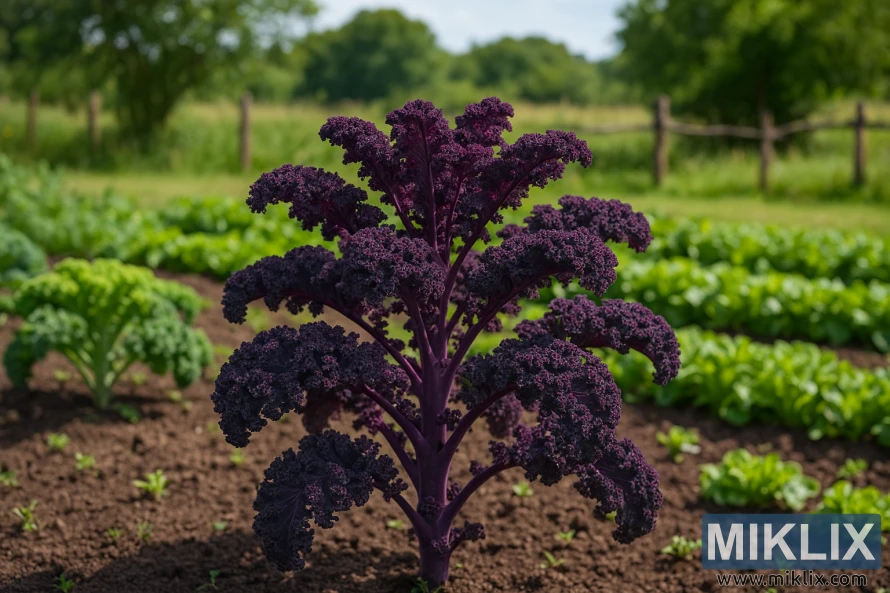A vibrant Redbor kale plant with deep purple curly leaves growing in a rustic country garden surrounded by green vegetables and a wooden fence.