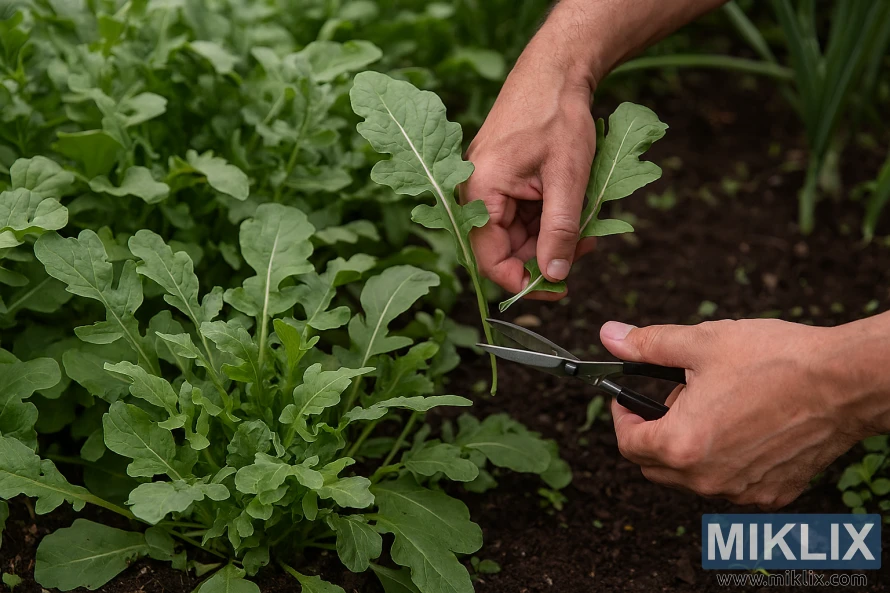 Gardener hand-harvesting outer arugula leaves with pruning shears in a lush garden bed