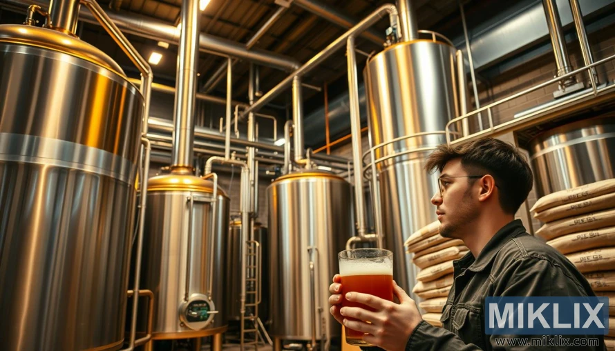 Radnik uzorkuje sladovinu boje karamele u modernoj pivovari s tankovima od nehrđajućeg čelika i vrećama za slad.