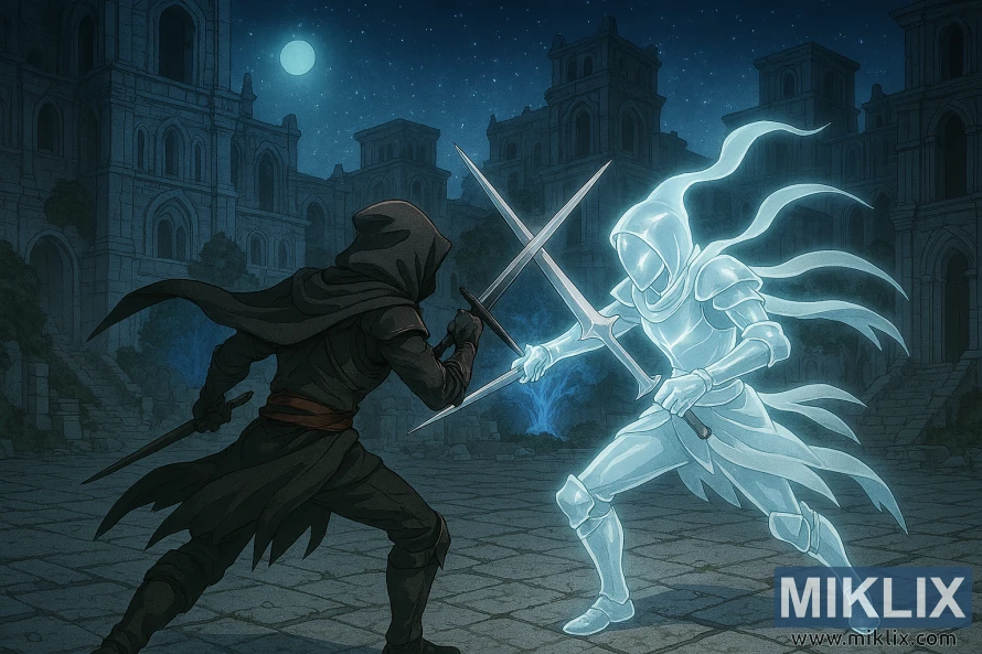 Anime stílusú rajongói grafika a Tarnished és a Mimic Tear harcáról Nokron Eternal Cityben, megemelt szögből. Anime stílusú rajongói grafika a Tarnished és a Mimic Tear harcáról Nokron Eternal Cityben, megemelt szögből.