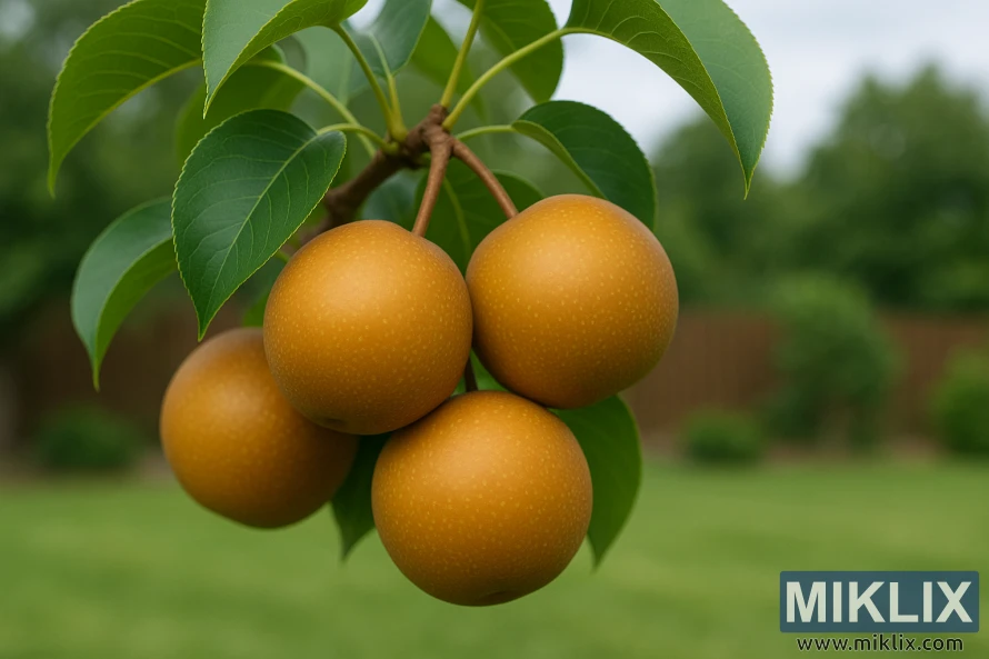 Close-up of ripe Shinko Asian pears with golden-russet skins clustered on a branch with green leaves. Close-up of ripe Shinko Asian pears with golden-russet skins clustered on a branch with green leaves.