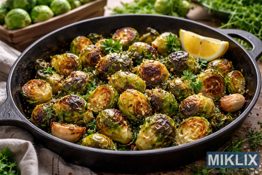 Golden roasted Brussels sprouts with garlic and herbs served in a cast iron skillet, with fresh garden sprouts in the background