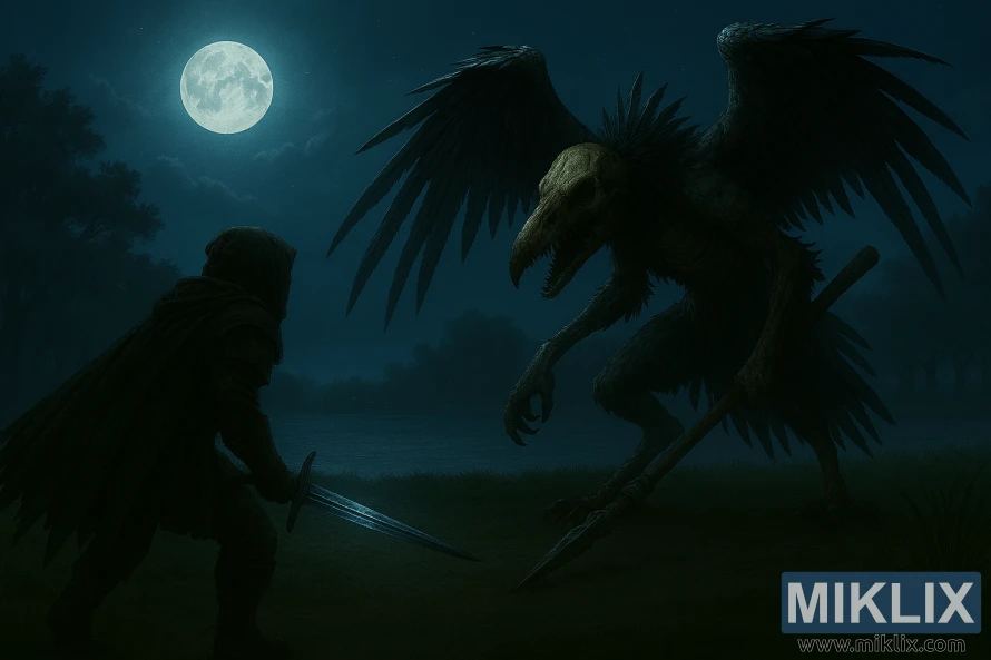 തെളിഞ്ഞ നിലാവിൽ അസ്ഥികൂടമായ ഡെത്ത്ബേർഡിനെ നേരിടുന്ന ടാർണിഷ്ഡ് ഇൻ ബ്ലാക്ക് നൈഫ് കവചത്തിന്റെ റിയലിസ്റ്റിക് ഫാൻ ആർട്ട്.