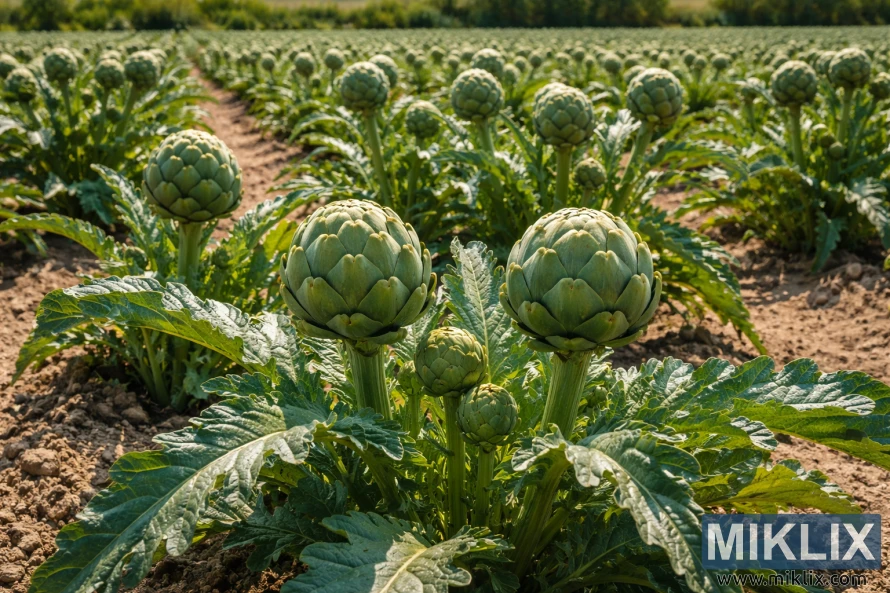 Rader med modne artisjokkplanter som vokser i full sol, med store grønne knopper og brede, taggete blader i veldrenert jord.