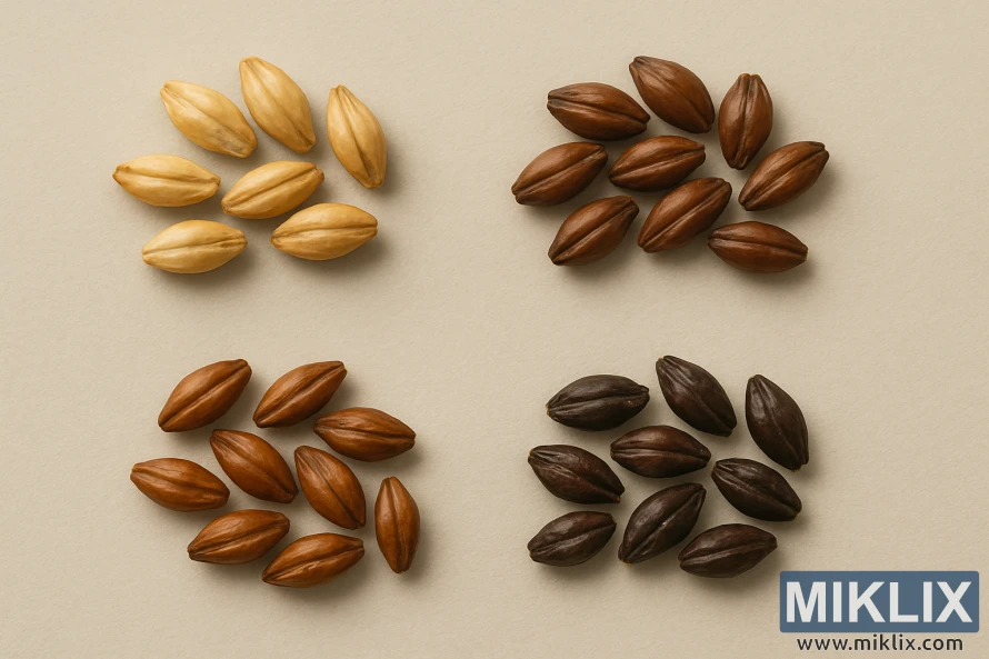 Nærbilde av pale ale, rav, mørk krystall og mild ale maltkorn arrangert på nøytral bakgrunn.