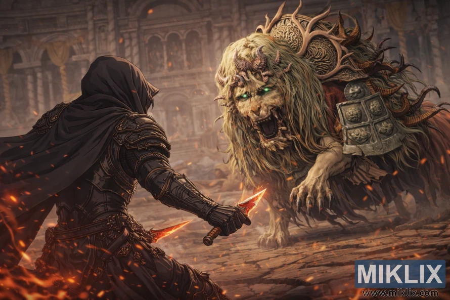 Anime-style fan art of the Tarnished in Black Knife armor seen from behind, wielding dual daggers while facing the Divine Beast Dancing Lion in ruined temple halls.