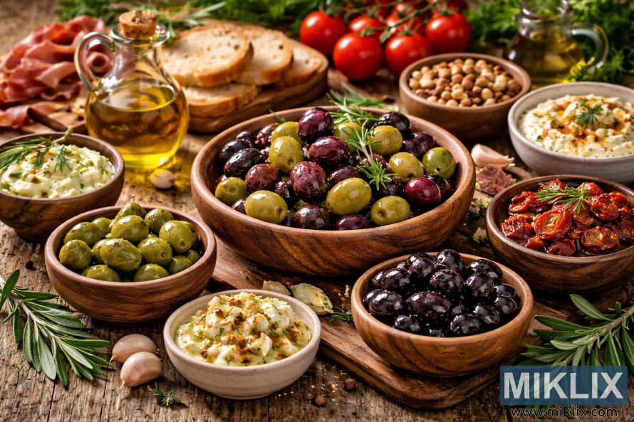 素朴なテーブルの上に、木製のボウルに入ったミックスオリーブと、それを囲むパン、オリーブオイル、ディップ、トマト、ハーブなどの地中海料理の風景写真。 素朴なテーブルの上に、木製のボウルに入ったミックスオリーブと、それを囲むパン、オリーブオイル、ディップ、トマト、ハーブなどの地中海料理の風景写真。