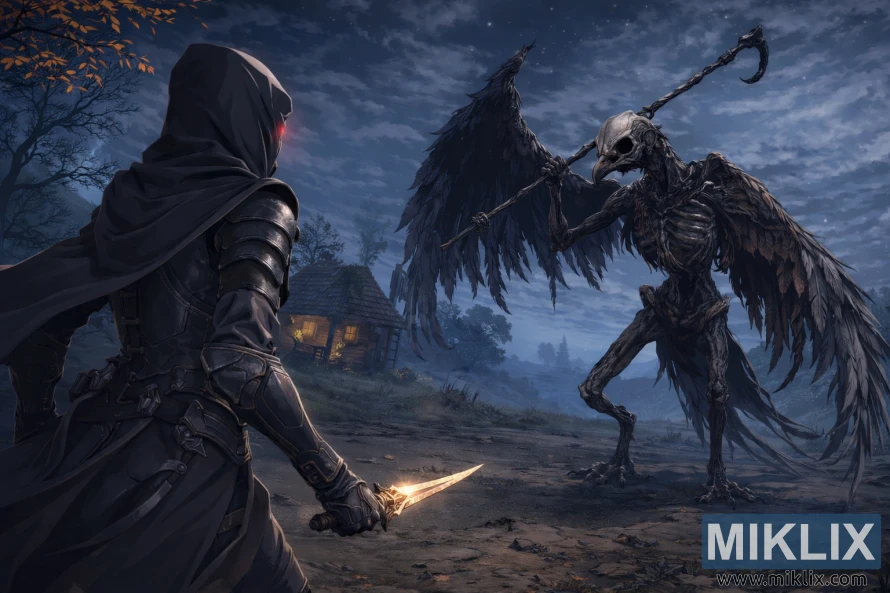 Artă în stil anime cu Tarnished în armură neagră înfruntând un șef scheletic, asemănător unei păsări, lângă o mică colibă, noaptea, chiar înainte de începerea bătăliei.