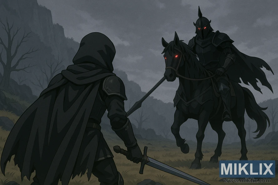 Pisau Hitam Gaya Anime Tercemar berdiri sedia dengan pedang menghadap Pasukan Berkuda Malam yang dipasang di bawah langit berkabus gelap.