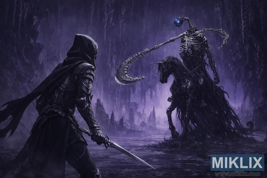 Anløpt i svart knivrustning mot den råtnende ridderen i en lilla hule rett før kamp.