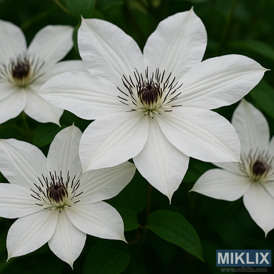 Detailed close-up of large white Clematis ‘Henryi’ flowers with dark purple anthers against green foliage.