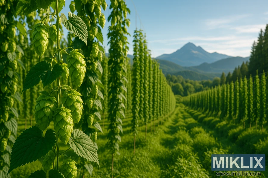 Close-up of hop cones in a verdant Pacific Northwest hop field with mountains in the distance. Close-up of hop cones in a verdant Pacific Northwest hop field with mountains in the distance.