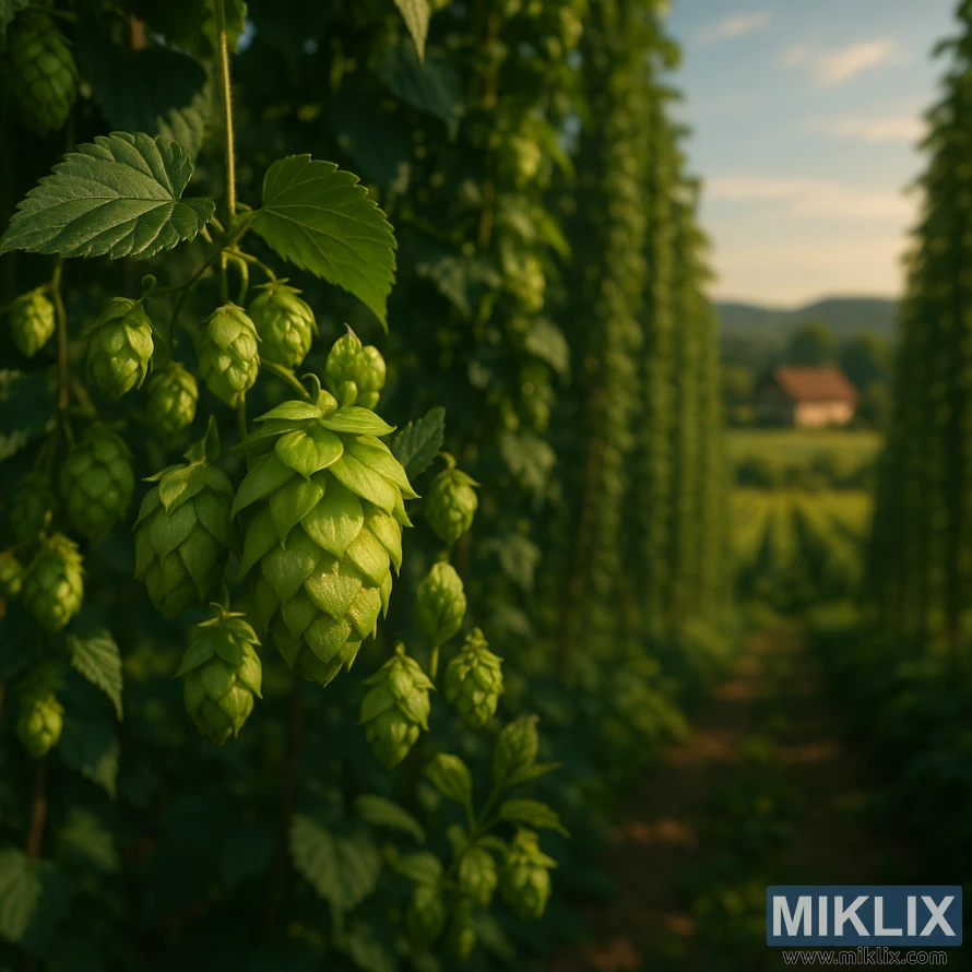 En gyldent oplyst humlemark med farverige Yeoman-humlekogler i forgrunden, med rækker af frodige humlekarme, der fører mod en gård beliggende blandt bølgende bakker i det fjerne.