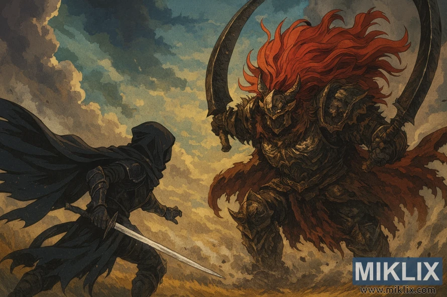 ಎಲ್ಡನ್ ರಿಂಗ್‌ನಲ್ಲಿ ಟಾರ್ನಿಶ್ಡ್ ಫೈಟಿಂಗ್ ಸ್ಟಾರ್‌ಸ್ಕೋರ್ಜ್ ರಾಡಾನ್‌ನ ಅನಿಮೆ ಶೈಲಿಯ ಅಭಿಮಾನಿ ಕಲೆ