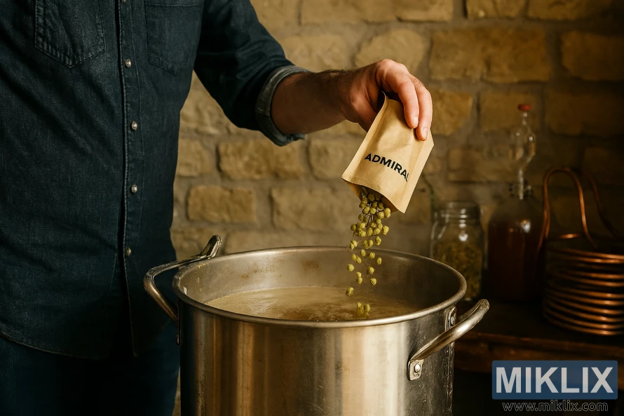 Pembuat bir rumahan menuangkan hop Admiral ke dalam ketel bir yang mengepul di suasana pedesaan Pembuat bir rumahan menuangkan hop Admiral ke dalam ketel bir yang mengepul di suasana pedesaan