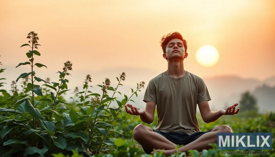 Personi duke medituar në pozën e jogas me bimë Ashwagandha dhe perëndimin e artë të diellit në sfond.