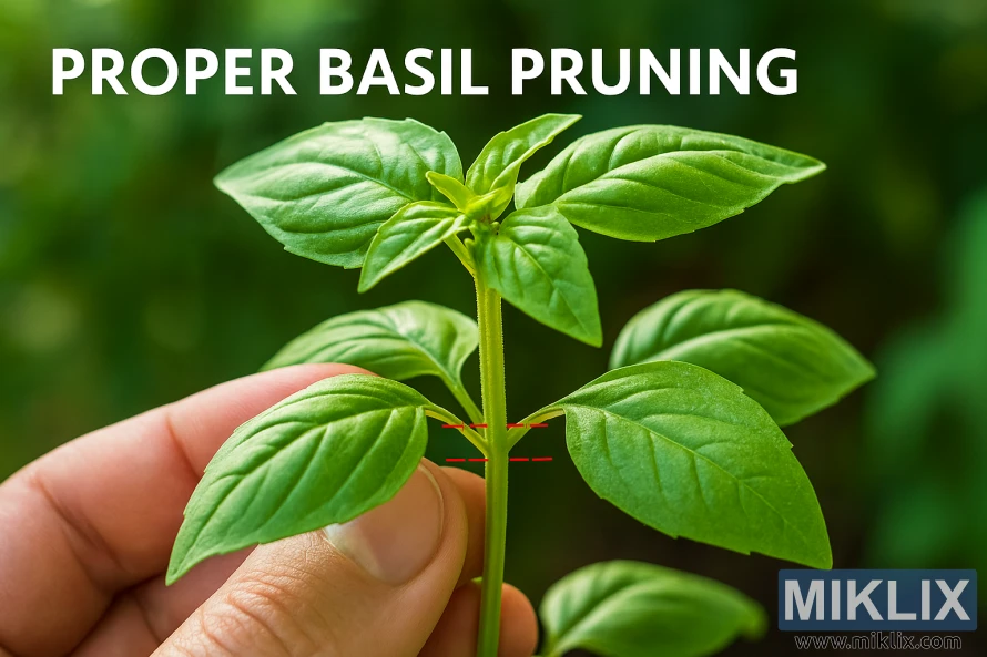 Närbild av basilikaplanta som visar korrekt beskärningsteknik med röda streckade linjer under bladnoden Närbild av basilikaplanta som visar korrekt beskärningsteknik med röda streckade linjer under bladnoden