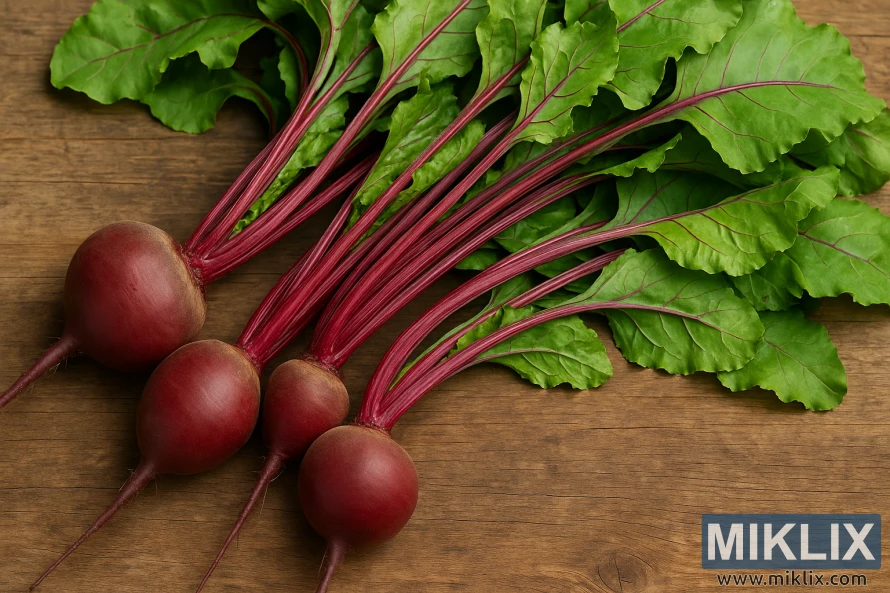 Свіжий буряк сорту Early Wonder з яскраво-зеленим листям і червоними стеблами, розташованими на дерев'яній поверхні Свіжий буряк сорту Early Wonder з яскраво-зеленим листям і червоними стеблами, розташованими на дерев'яній поверхні