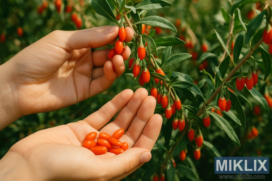 Close-up of hands harvesting ripe red goji berries from a green bush under sunlight.