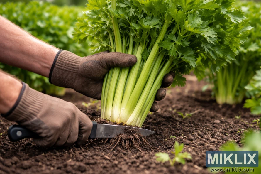 Kopshtar duke prerë një bimë selino të pjekur në bazë me thikë në një kopsht perimesh