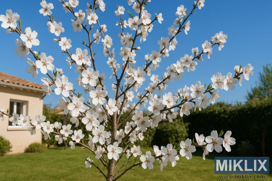 Amêndoa com flores brancas num jardim solarengo contra um céu azul límpido. Amêndoa com flores brancas num jardim solarengo contra um céu azul límpido.