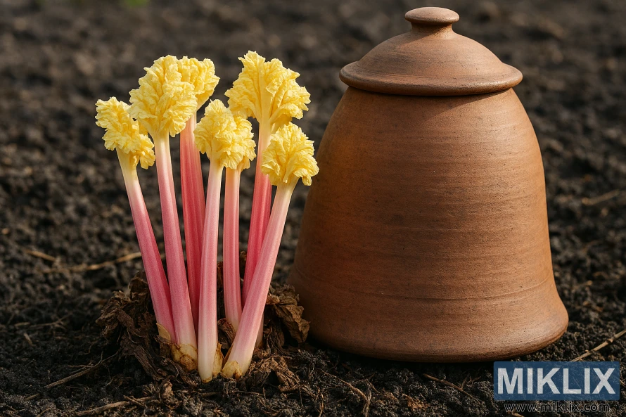 Pale pink forced rhubarb stalks growing beside a terracotta forcing pot in dark soil Pale pink forced rhubarb stalks growing beside a terracotta forcing pot in dark soil