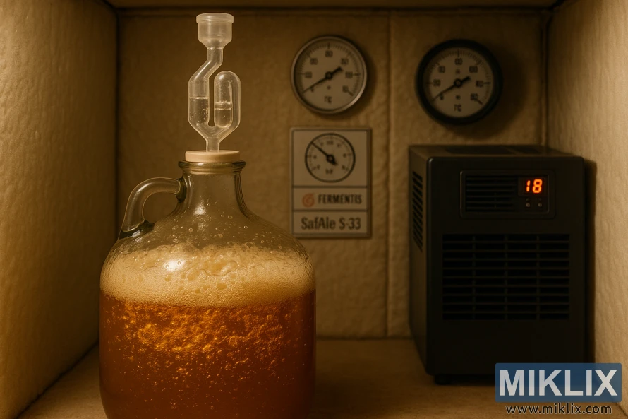 Gjæringskammer med en boblende gylden carboy og CO2-frigjøring under varmt lys. Gjæringskammer med en boblende gylden carboy og CO2-frigjøring under varmt lys.