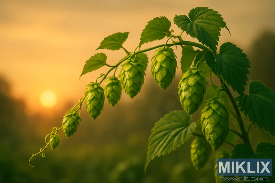 Close-up of green hop cones and leaves glowing in golden sunset light against a blurred warm background. Close-up of green hop cones and leaves glowing in golden sunset light against a blurred warm background.