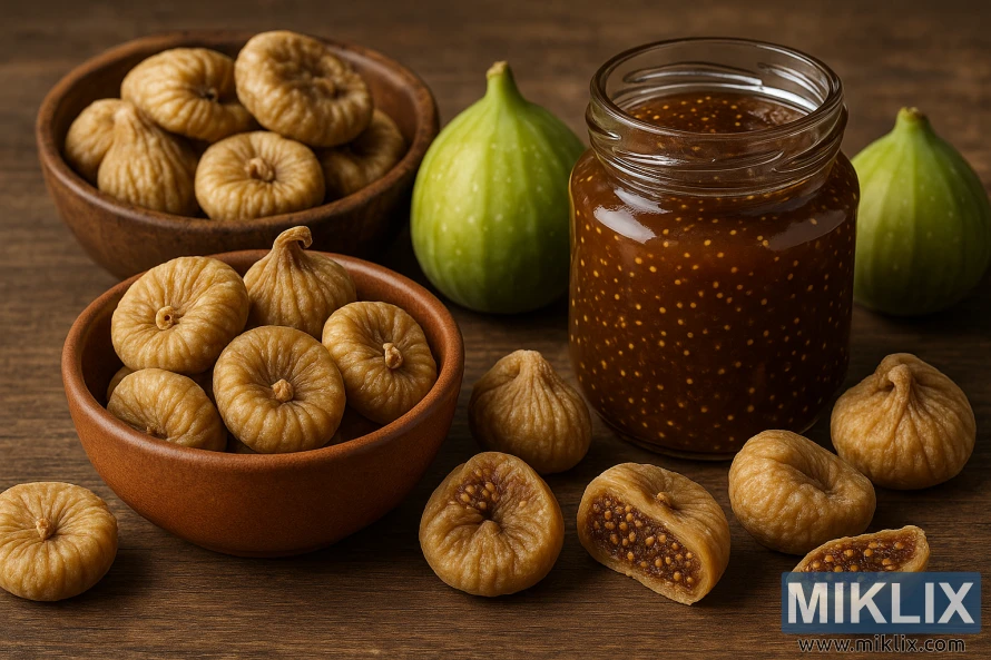 A jar of fig jam, bowls of dried figs, and fresh green figs arranged on a rustic wooden surface. A jar of fig jam, bowls of dried figs, and fresh green figs arranged on a rustic wooden surface.