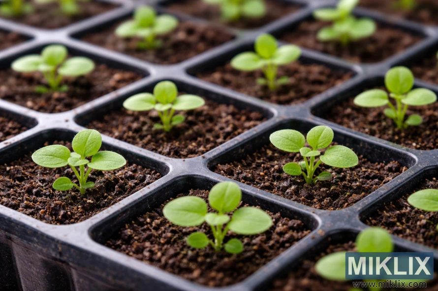 Oregano seedlings sprouting from dark soil in black plastic seed trays, showing early green leaves in a neat grid.