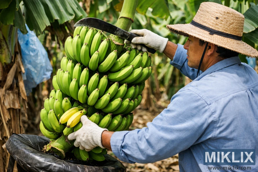 Farm worker harvesting a large green banana bunch with a knife in a tropical plantation