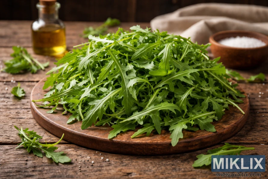 新鮮的芝麻菜堆放在木質砧板上，置於一張質樸的桌子上，背景可見橄欖油和海鹽。