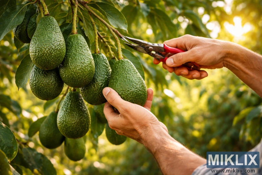 Hands carefully harvesting ripe avocados from a mature avocado tree using pruning shears in warm natural light.