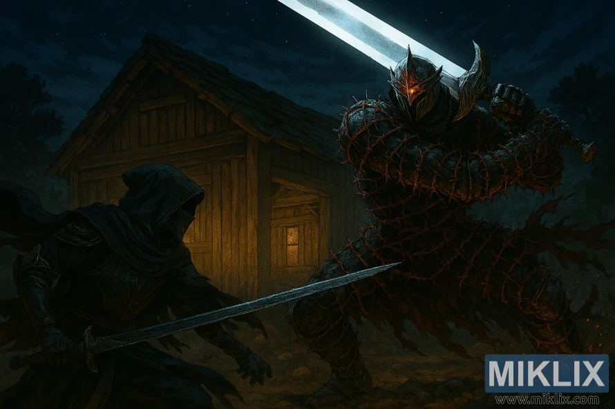 Anime-style Elden Ring battle with Tarnished in Black Knife armor facing Bell Bearing Hunter Anime-style Elden Ring battle with Tarnished in Black Knife armor facing Bell Bearing Hunter