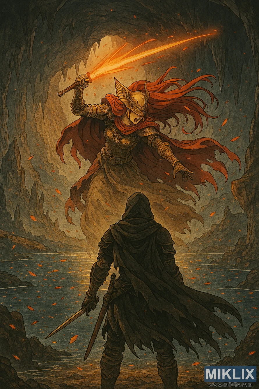 Anime-style illustration of Black Knife assassin approaching Malenia in a vast underground lake cave