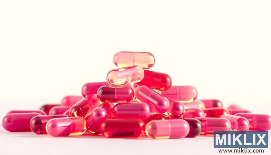 Krupni plan kapsula leucinskog suplementa složenih na svijetloj pozadini. Krupni plan kapsula leucinskog suplementa složenih na svijetloj pozadini.