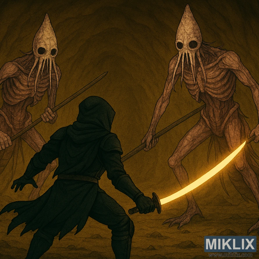 Anime-style Elden Ring fan art of the Tarnished facing two towering Kindred of Rot in Seethewater Cave