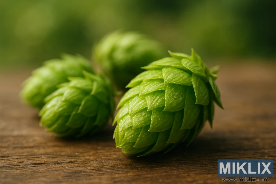 Élénkzöld komlótobozok közeli képe fa felületen száraz komlózáshoz. Élénkzöld komlótobozok közeli képe fa felületen száraz komlózáshoz.