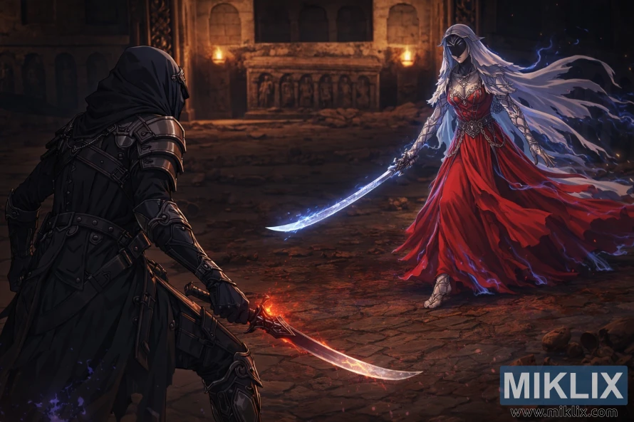 Anime-style illustration of the Tarnished in Black Knife armor facing the Dancer of Ranah in a ruined mausoleum, her red dress visible beneath a blue spectral glow just before battle.