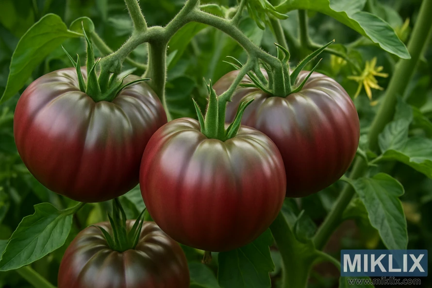 Quatro tomates Cherokee Purple maduros pendurados em uma trepadeira rodeada por folhas verdejantes. Quatro tomates Cherokee Purple maduros pendurados em uma trepadeira rodeada por folhas verdejantes.