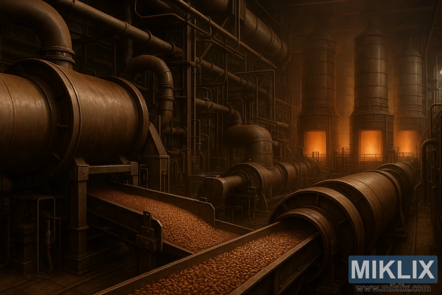 Industrijski pogon za proizvodnju smeđeg slada s čeličnim bubnjevima, transporterima i užarenim pećima u toplom svjetlu.